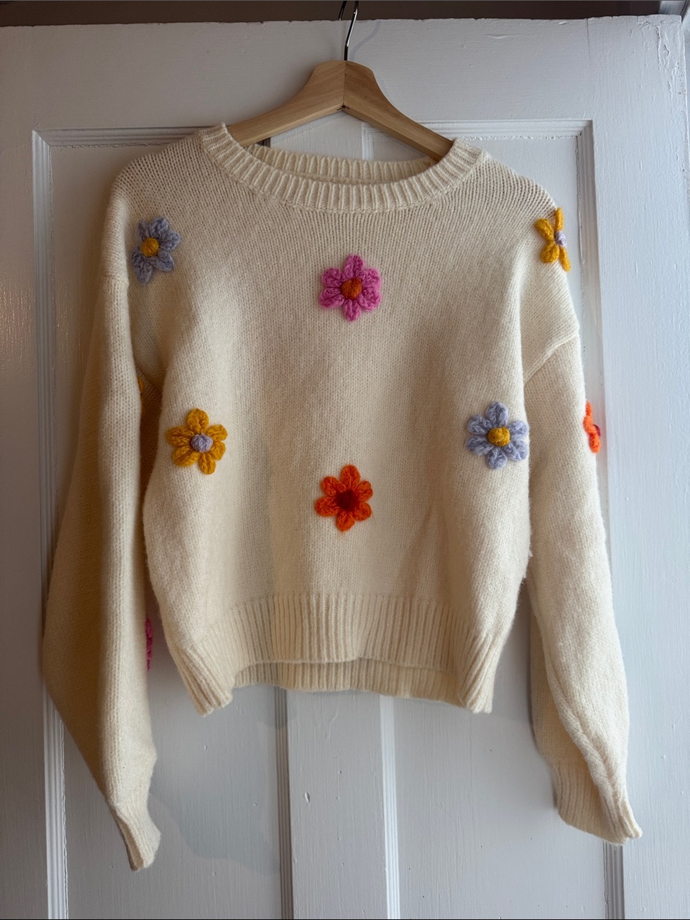 Simons Cream Crewneck Sweater with Multicolor Floral Appliqués